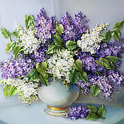 The picture ribbons of lilac at the window