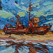 Картина море маслом Крым Тарханкут морской пейзаж лодка импасто