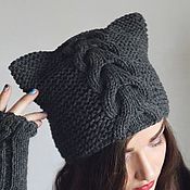 Аксессуары handmade. Livemaster - original item Warm, winter hat, with ears, with a scythe, cat ears, dark gray, beige. Handmade.