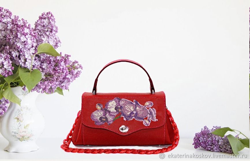  красная сумка женская с вышивкой орхидея, Сумка через плечо, Санкт-Петербург,  Фото №1