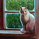 Небольшая картина маслом: Белый кот на деревянном окне. Дом в деревне. Картины. Великая Юлия. Ярмарка Мастеров.  Фото №4
