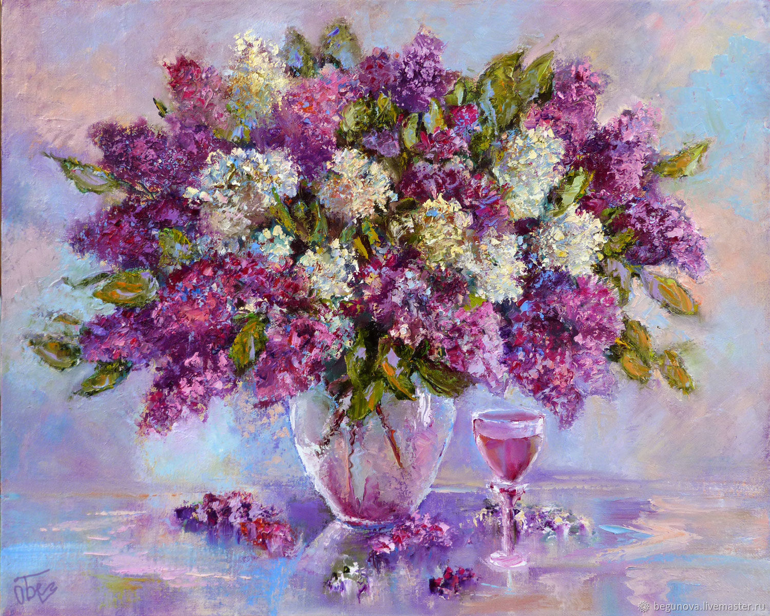 Oil painting on canvas lilac flowers, a bouquet of flowers in a vase