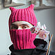 Balaclava, warm hat, with ears, with horns, fuchsia, pink, knitted, Balaclava, Tambov,  Фото №1