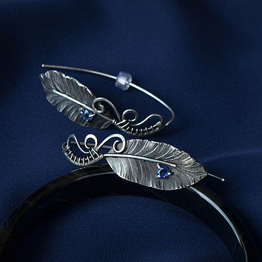 ручной работы. Ярмарка Мастеров - ручная работа Серебряные серьги Перья с кианитом. Handmade.