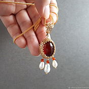Украшения handmade. Livemaster - original item Red pendant with carnelian and pearls, oval beaded pendant. Handmade.