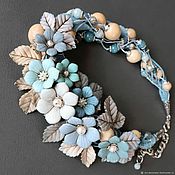 Украшения handmade. Livemaster - original item Light Denim Etude. Necklace, flowers made of genuine leather. Handmade.