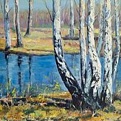 Картины и панно handmade. Livemaster - original item Painting of the spring nature of a birch tree by the river landscape in oil. Handmade.