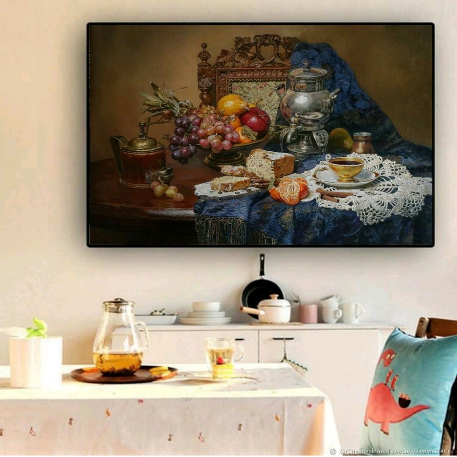 Картина маслом для интерьера столовой Натюрморт Самовар Изобилие Еды в ...
