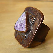 Украшения handmade. Livemaster - original item Statement ring, natural charoite stone, big square copper ring, electr. Handmade.