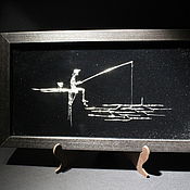 Картины и панно handmade. Livemaster - original item Picture of a fisherman with a fishing rod made of silver on black velvet VZ0006. Handmade.