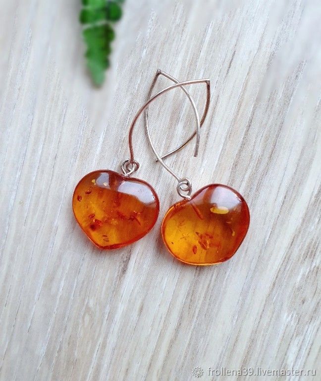 Amber. Earrings 'Two big hearts' amber silver, Earrings, Moscow,  Фото №1