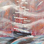 Картины и панно handmade. Livemaster - original item Three-masted schooner and seagulls. Sailboat on the waves. Painting on canvas. Handmade.