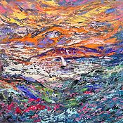 Картины и панно handmade. Livemaster - original item Painting landscape of the mountain bay sailboat 