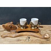 Посуда handmade. Livemaster - original item Coffee Couple Bear ceramic cups in a brass cup holder. Handmade.