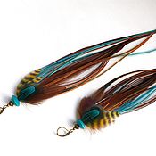 Бирюзово-голубые серьги из перьев