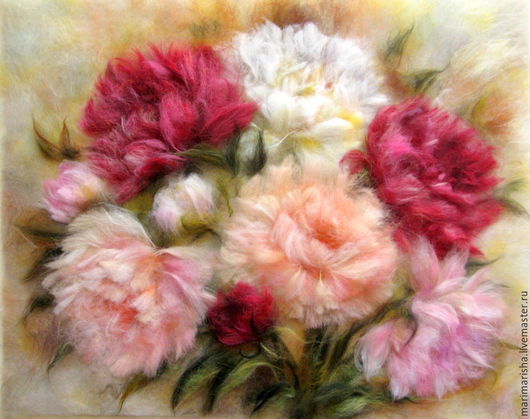 Картины цветов ручной работы. Ярмарка Мастеров - ручная работа. Купить Картина из шерсти Пионы3. Handmade. Бледно-розовый