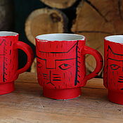 Посуда ручной работы. Ярмарка Мастеров - ручная работа Red mugs with severe Cats. Handmade.