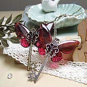 Украшения handmade. Livemaster - original item Transparent key Pendant Pink Butterfly Vintage Key on a Chain. Handmade.