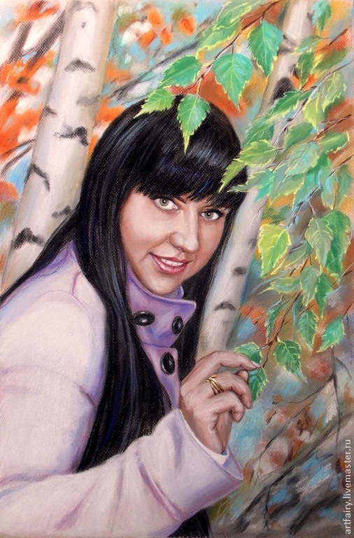 Portrait pastel `Girl in a birch grove` a 40h60 seashell, paper Handmade Portrait to order a Portrait of a Beautiful portrait
