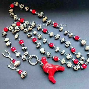 Украшения ручной работы. Ярмарка Мастеров - ручная работа Комплект с яшмой далматин, кораллом и агатом . серьги колье купить. Handmade.