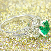 Украшения handmade. Livemaster - original item 2.17tcw Green Natural Emerald cut & Diamond Halo Engagement Ring 14k W. Handmade.