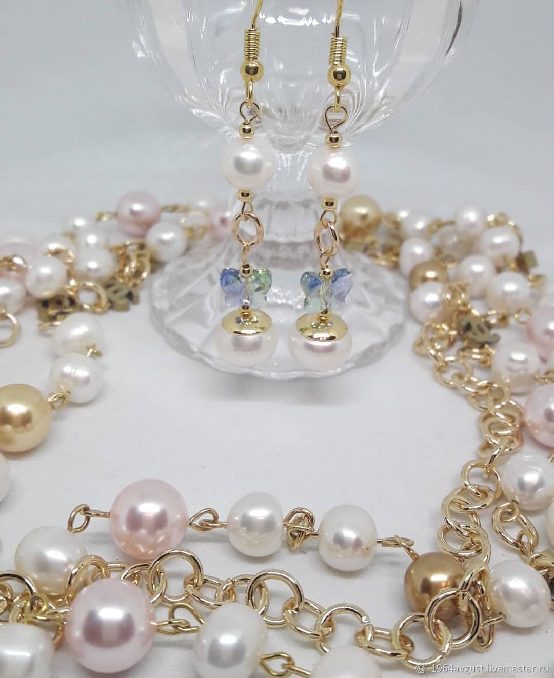 Колье в три ряда. Браслет из жемчужных бусин. Хрусталь и жемчуг. Колье с горным хрусталем. Хрустальный жемчуг.