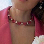 Украшения handmade. Livemaster - original item Pink choker with hearts. Necklace with pearls, beaded hearts. Handmade.