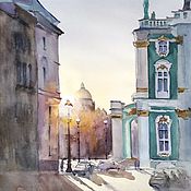 Картины и панно handmade. Livemaster - original item Watercolor painting of St. Petersburg (turquoise orange sunset city). Handmade.