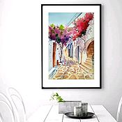 Картины и панно handmade. Livemaster - original item Painting of the summer street the city of Greece cozy watercolor order Europe. Handmade.