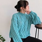 Одежда handmade. Livemaster - original item Jerseys: Women`s knitted sweater with braids in the color warm turquoise oversize. Handmade.