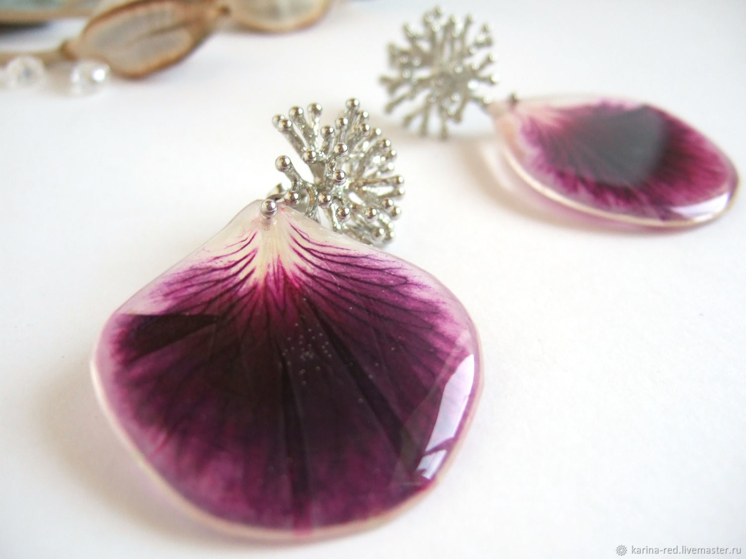 Earrings with Real Geranium Petals Burgundy Wine Eco Jewelry, Stud earrings, Taganrog,  Фото №1