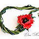Flowers leather Choker transformer Red poppy on green beads with nephrite, Necklace, Kursk,  Фото №1