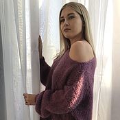 Джемпер свитер женский вязаный из мохера и шерсти оверсайз фиолетовый
