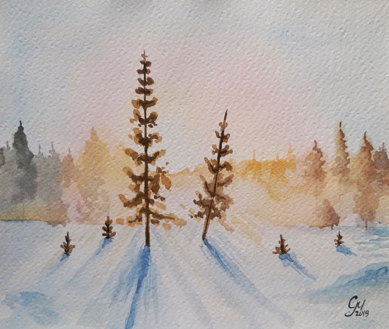 Снежный рассвет картина акварелью, зимний пейзаж акварель в интернет-магазине Ярмарка Мастеров по цене 807.5 ₽ – NBIHMRU