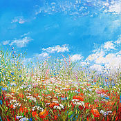 Картины и панно handmade. Livemaster - original item Summer sunny landscape against a blue sky Picture of poppies, daisies. Handmade.