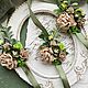 Цветочный браслет с бежевыми цветами и зеленью, для невесты, Б-131, Браслеты, Санкт-Петербург,  Фото №1