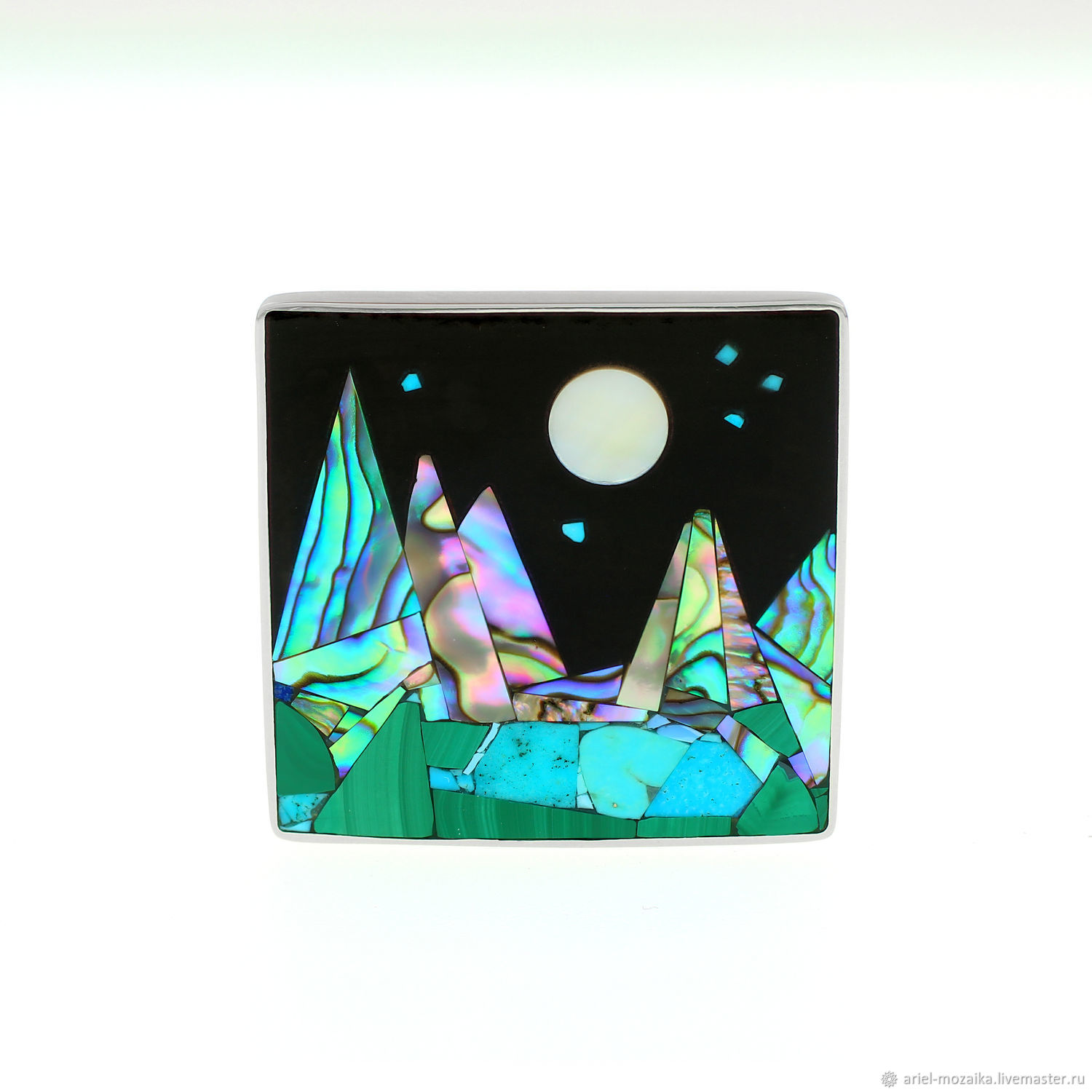 Brooch Night landscape. Turquoise, mother of pearl, malachite. Handmade, Brooches, Moscow,  Фото №1