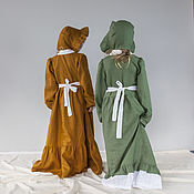 Одежда handmade. Livemaster - original item Green linen dress for a girl with a cotton apron and cap. Handmade.
