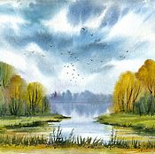 Watercolor "Dawn over the river" 21 by 29.7 cm