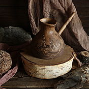 Глиняный набор с орнаментом горы: Чайник, кружки, сахарница