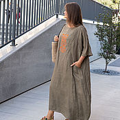 Одежда handmade. Livemaster - original item Linen floor-length dress with khaki embroidery. Handmade.