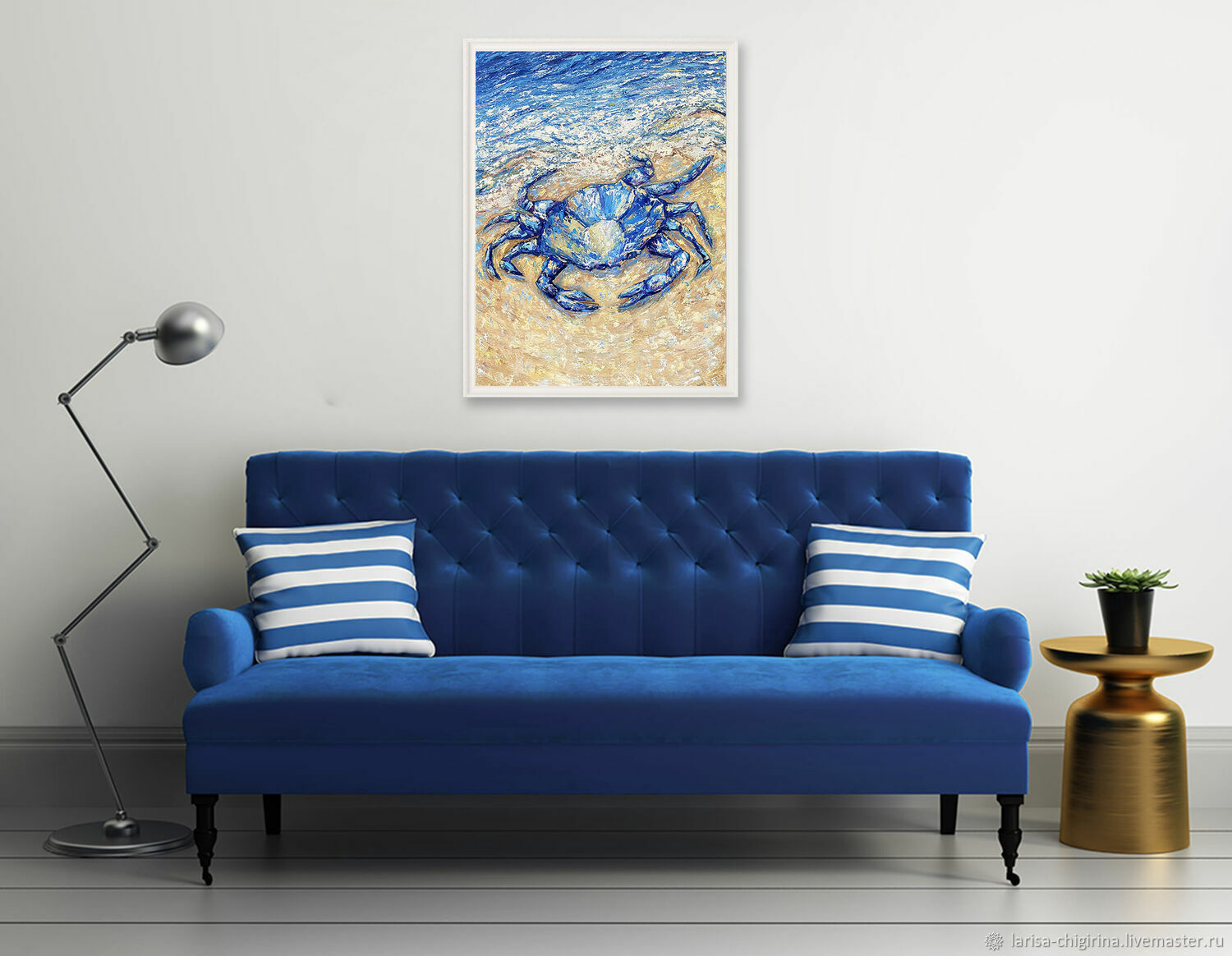 Modern Blue Sofa with Corduroy Pillows