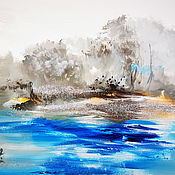 Картины и панно handmade. Livemaster - original item Turquoise lake-abstract painting with silver. Handmade.