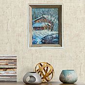 Картины и панно handmade. Livemaster - original item Oil painting winter country landscape house by the river. Handmade.