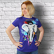 Одежда handmade. Livemaster - original item Blue t-shirt with a picture of Indian elephant and Hummingbird hand painted. Handmade.