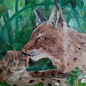 Картины и панно handmade. Livemaster - original item Lynx and a small lynx (canvas on cardboard, oil, 30h45 cm). Handmade.