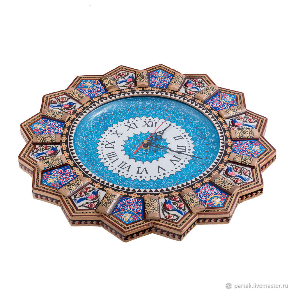 Часы Большие с птичками (Минакари и Хатамкари) на голубом циферблате в ...