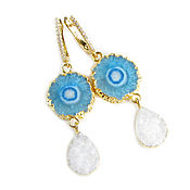 Украшения handmade. Livemaster - original item Earrings with solar quartz and agate druse, blue, white. Handmade.