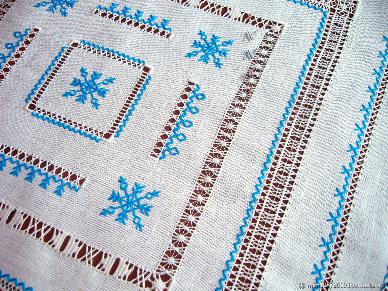 Napkin 5 Snowflakes Linen Blue Hand Stitch Embroidery Earrings, Swipe, Krasnodar,  Фото №1