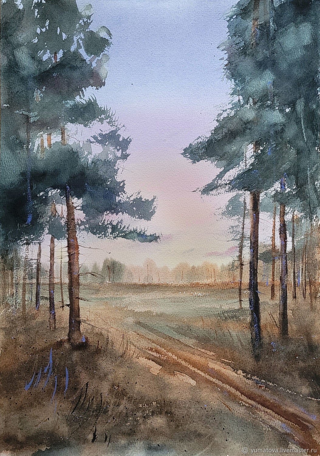 Картина с соснами, полем и красивым закатом акварелью в интернет ...